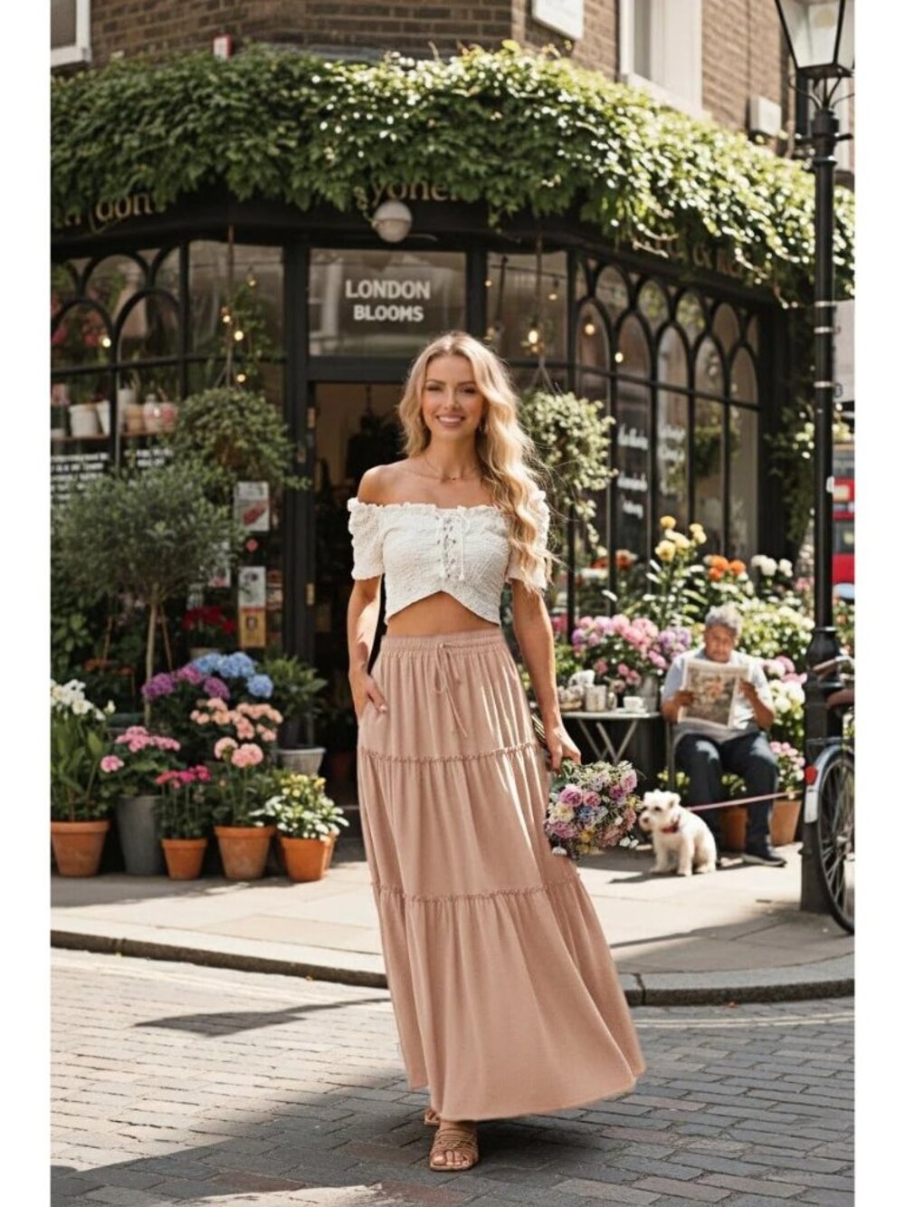 Women's Boho High Waisted A-Khaki Maxi Skirts Tiered Floral Long Skirts - Picture 2 of 5